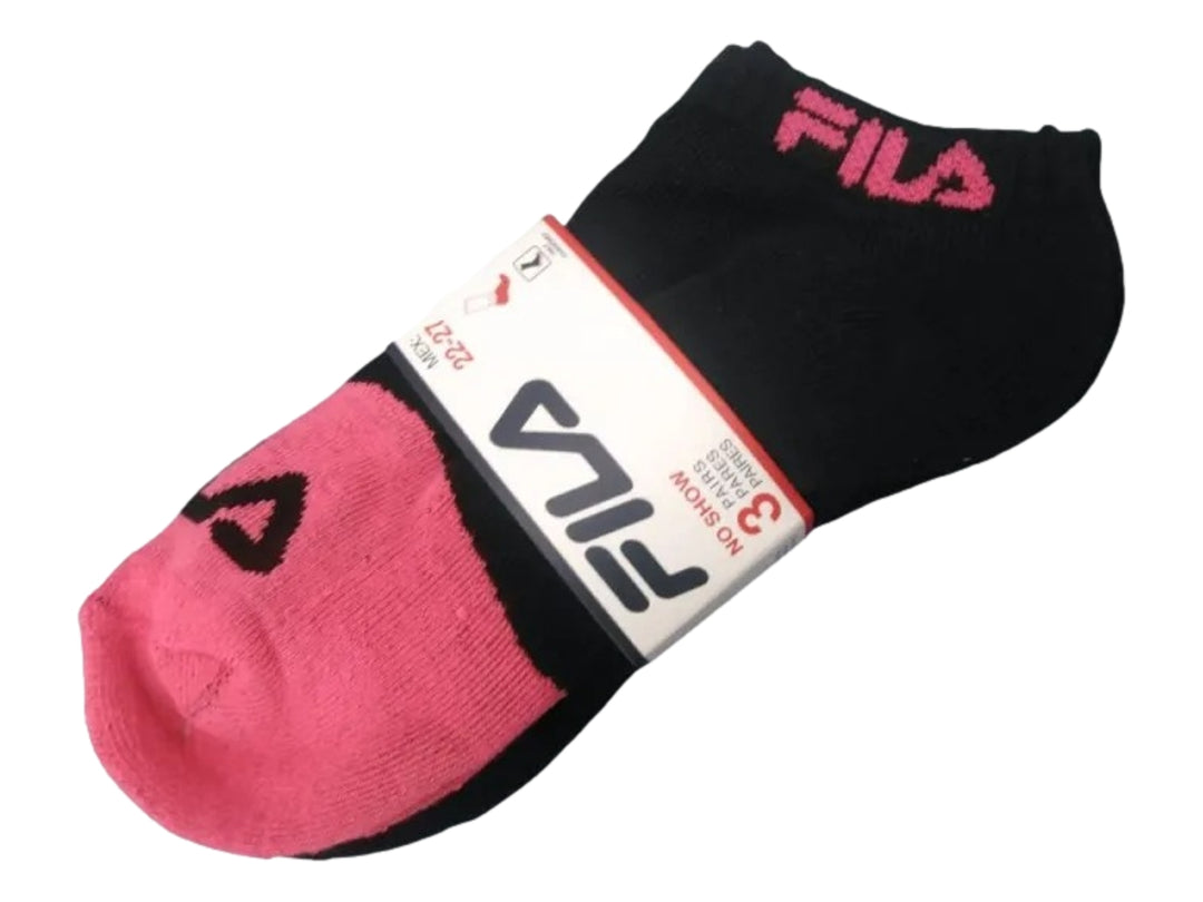 Pack de 3 pares de calcetines FILA en colores negro y rosa.