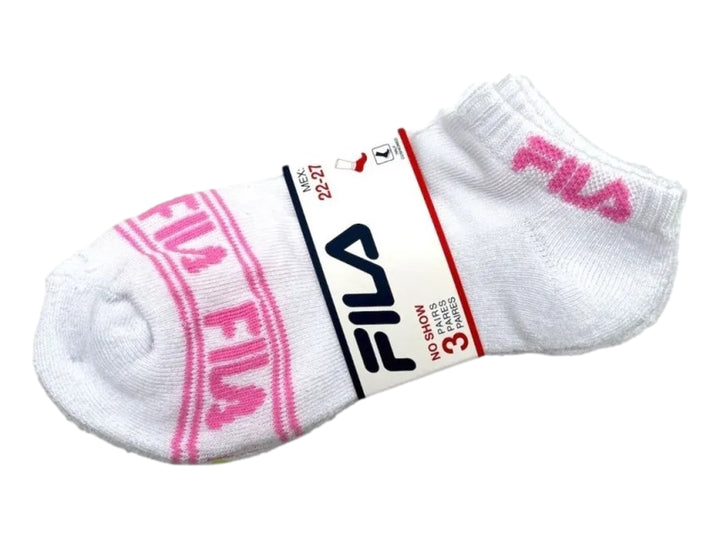 Calcetines blancos FILA con detalles en rosa, azul y amarillo, empaque de 3 pares.
