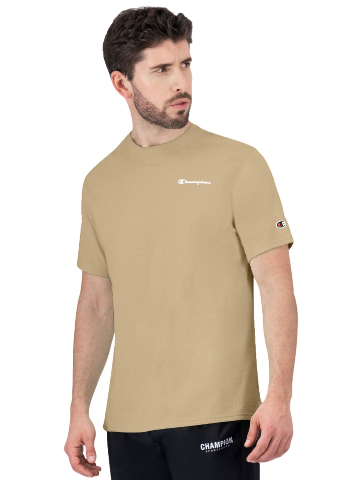 Camiseta de manga corta color khaki de la marca Champion con logotipo blanco en el pecho.