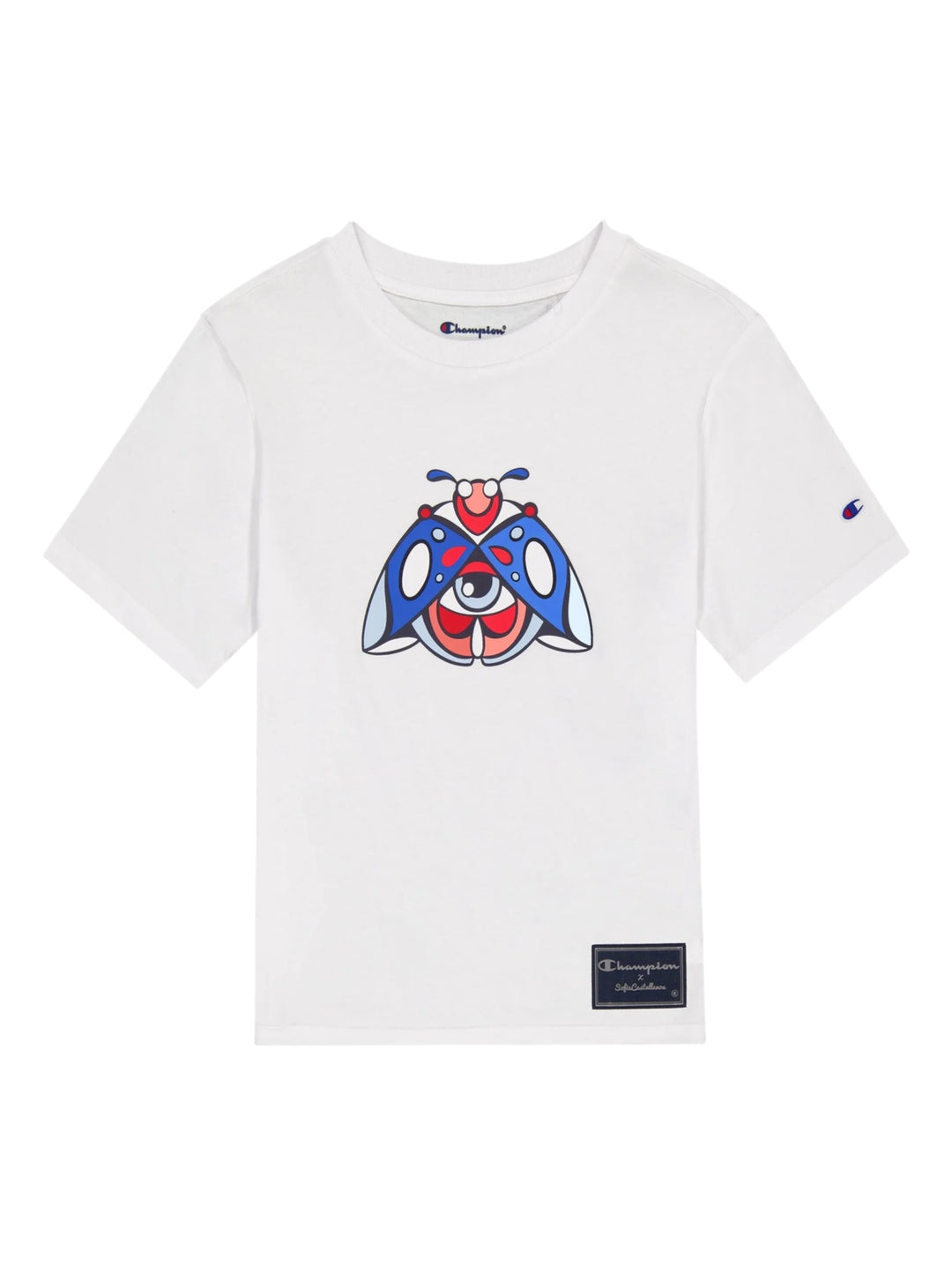 Camiseta blanca de manga corta con un diseño gráfico de catarina en el centro del pecho.