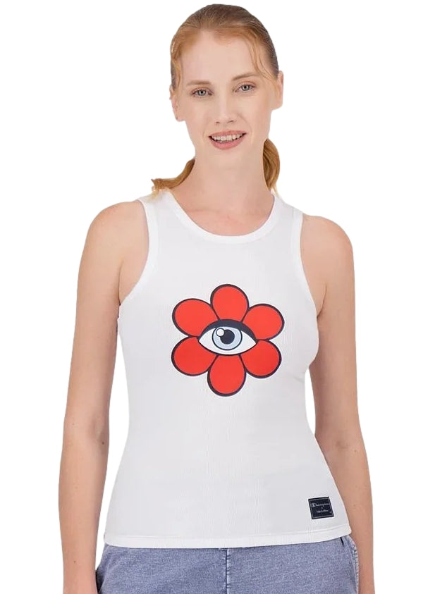 Camiseta blanca sin mangas de Champion con un diseño de flor roja y un ojo en el centro.