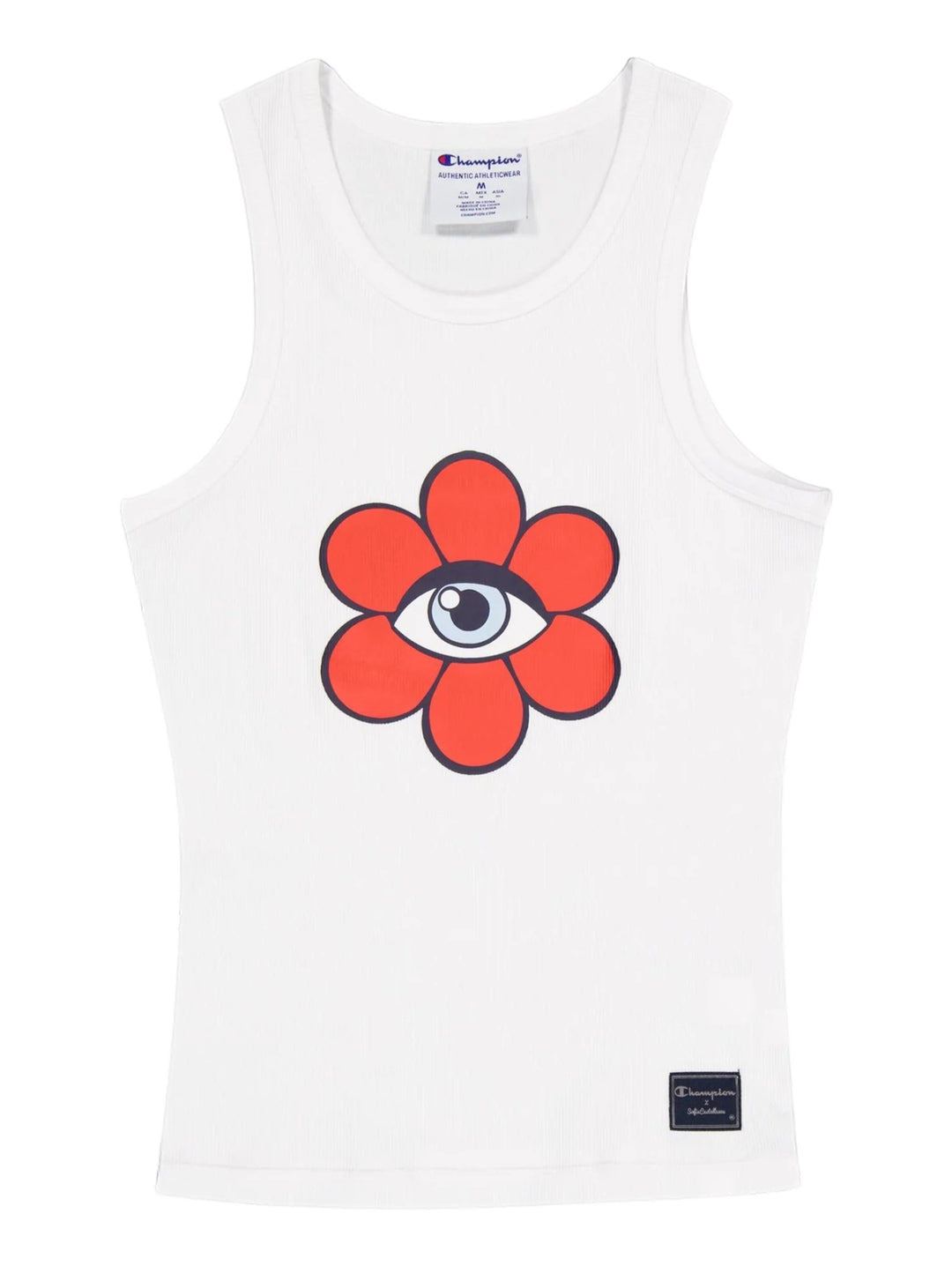 Camiseta blanca sin mangas de Champion con un diseño de flor roja y un ojo en el centro.