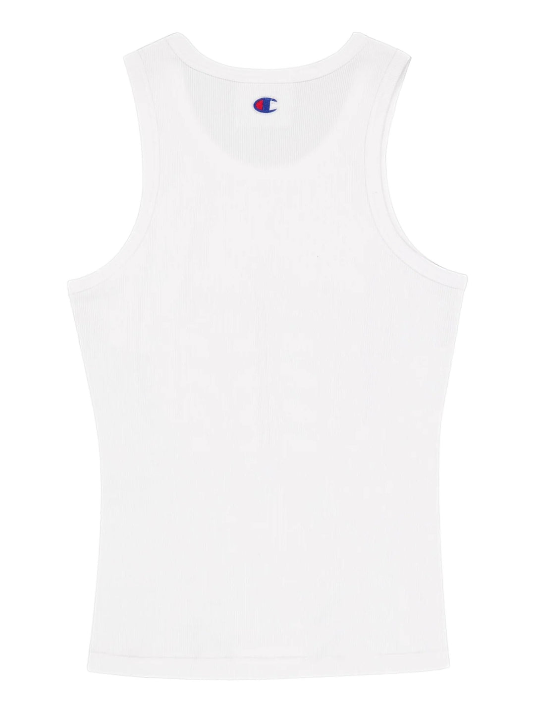 Camiseta blanca sin mangas de Champion con un diseño de flor roja y un ojo en el centro.
