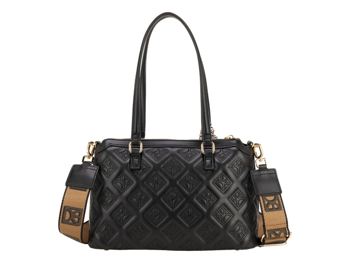 Bolso negro Cloe con diseño acolchado, detalles dorados, correa beige y pañuelo decorativo.