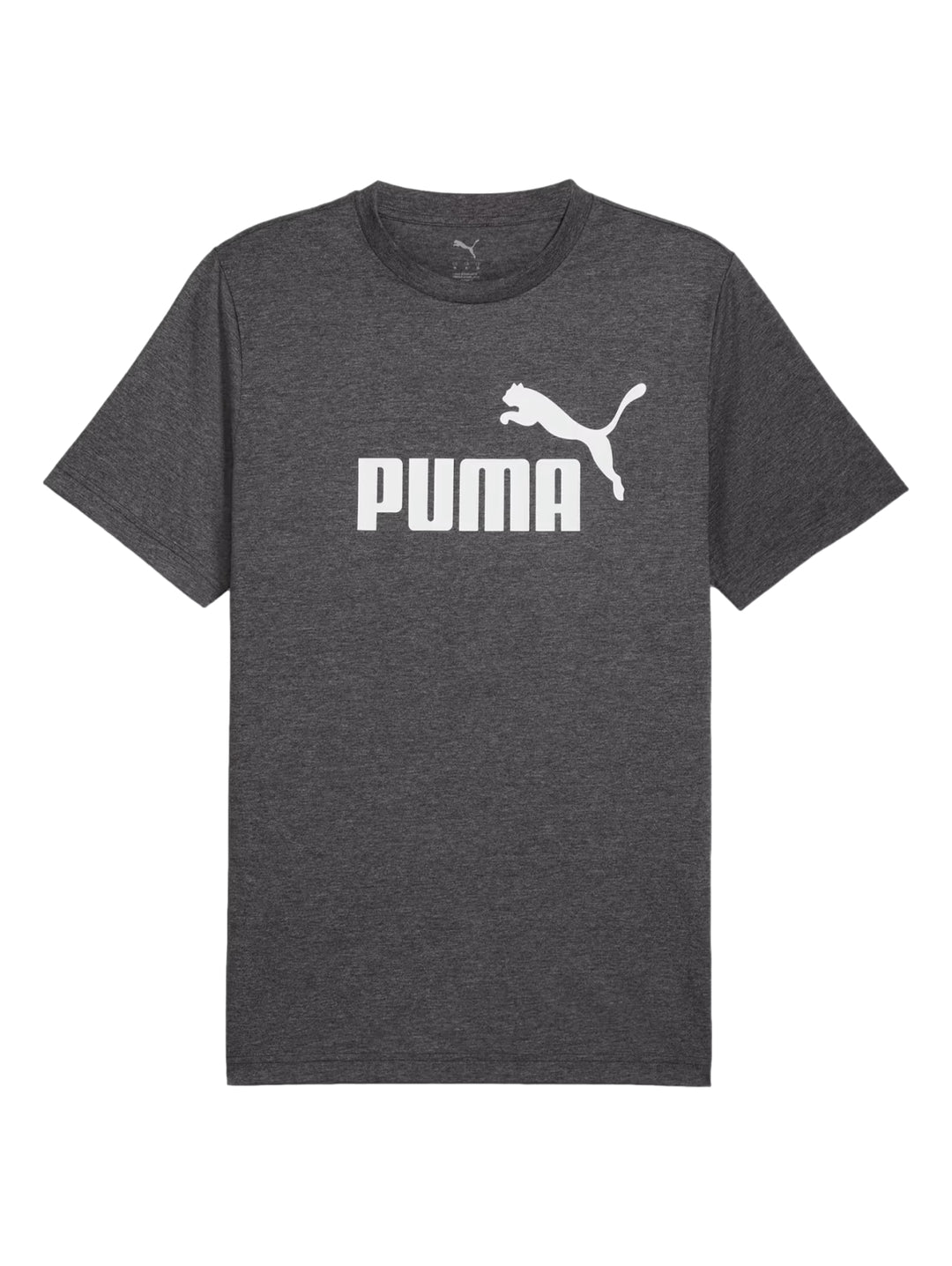 Hombre vistiendo camiseta PUMA negra jaspeada con logotipo blanco en el pecho.