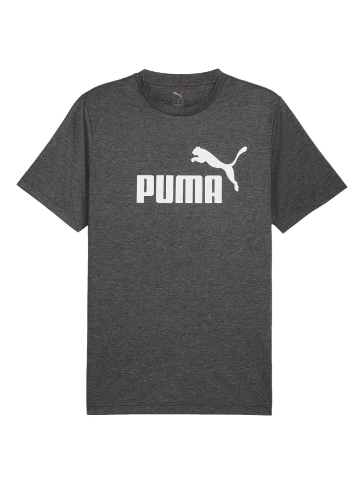 Hombre vistiendo camiseta PUMA negra jaspeada con logotipo blanco en el pecho.