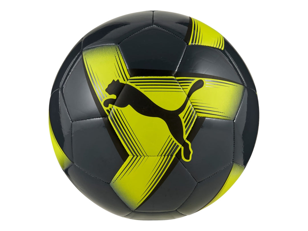 Balón de fútbol Puma Prestige color gris con franjas amarillas y logotipo de Puma en negro.