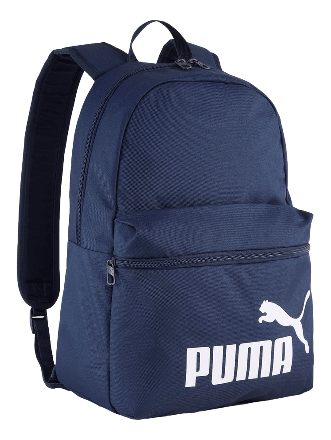 Mochila Puma Phase en color azul marino con logotipo blanco frontal y bolsillo exterior.