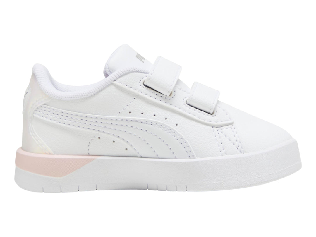 Tenis PUMA Jada Classic Holo 2.0 V infantiles en color blanco con detalles en rosa y plata, cierre de velcro.