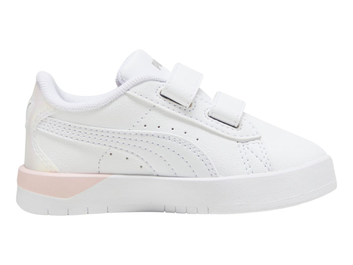 Tenis PUMA Jada Classic Holo 2.0 V infantiles en color blanco con detalles en rosa y plata, cierre de velcro.
