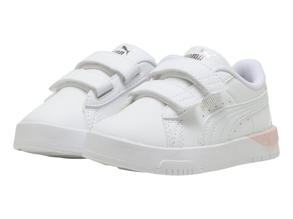 Tenis PUMA Jada Classic Holo 2.0 V infantiles en color blanco con detalles en rosa y plata, cierre de velcro.