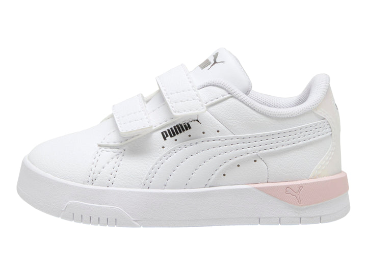 Tenis PUMA Jada Classic Holo 2.0 V infantiles en color blanco con detalles en rosa y plata, cierre de velcro.