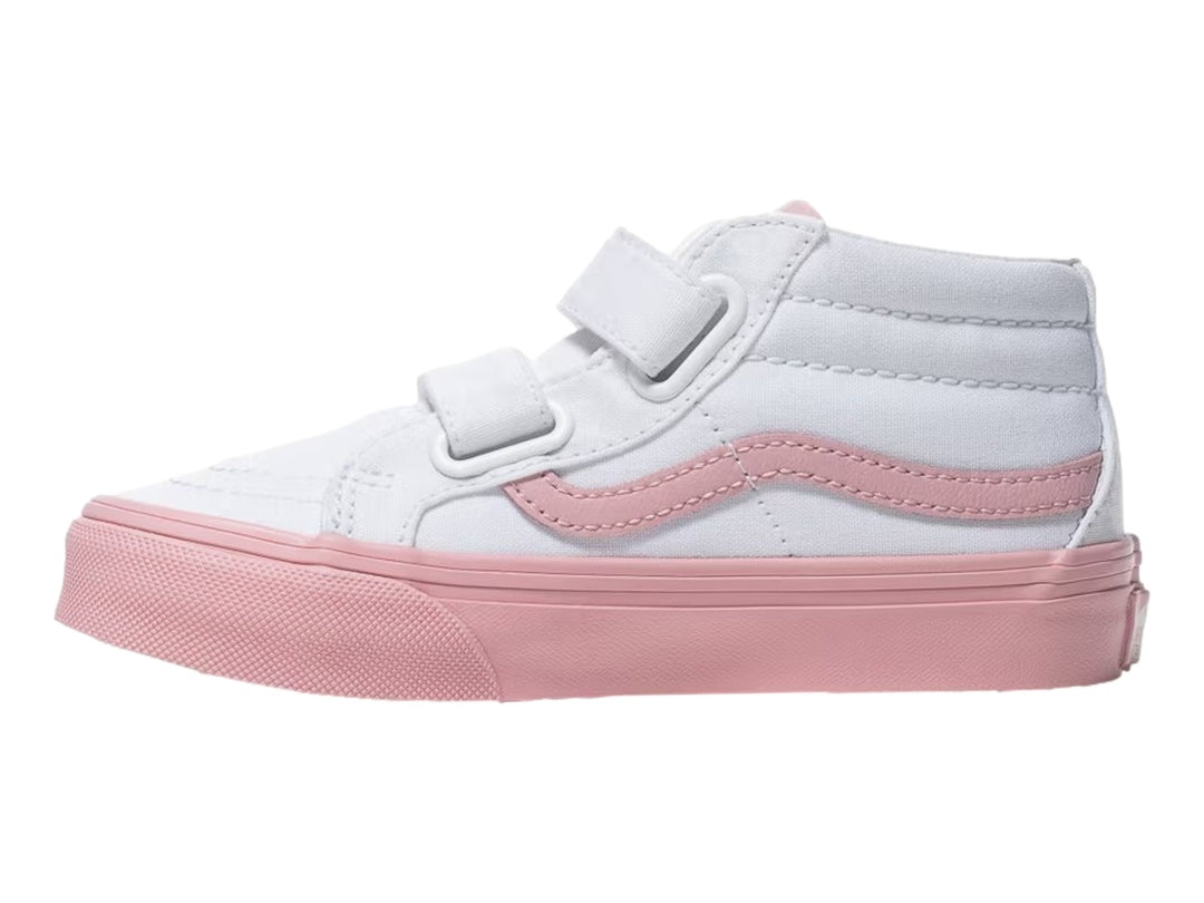 Tenis Vans Sk8-Mid Reissue en colores blanco y rosa con cierre de velcro para niños.
