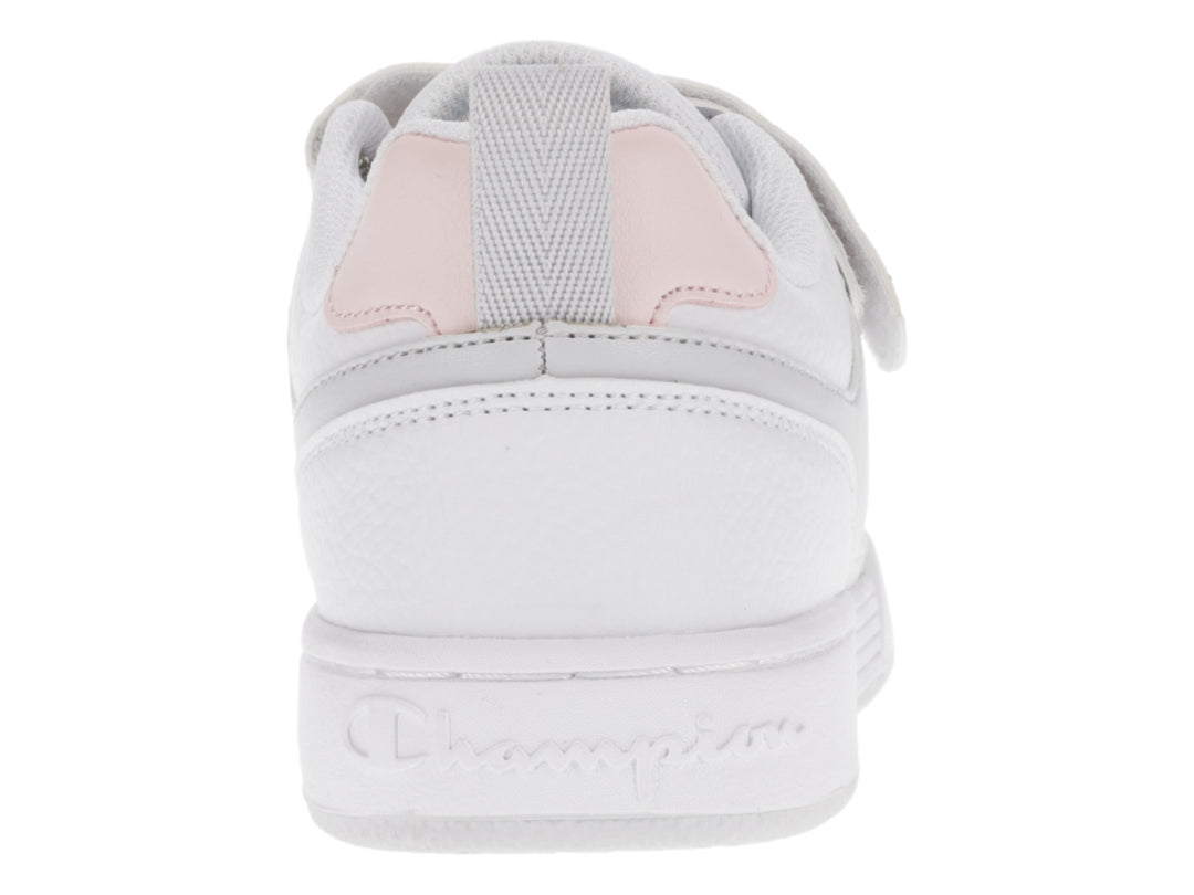 Tenis Champion Arena Power Low en colores blanco, gris y rosa con cierre de agujetas y correa de velcro.