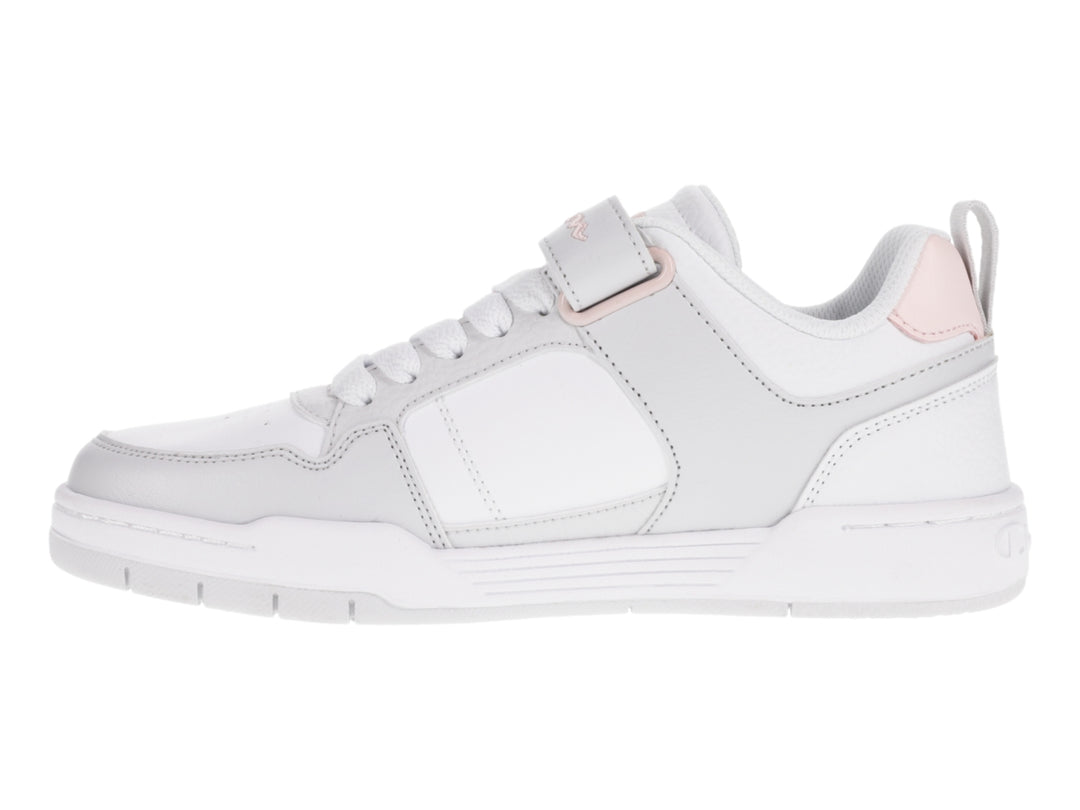 Tenis Champion Arena Power Low en colores blanco, gris y rosa con cierre de agujetas y correa de velcro.