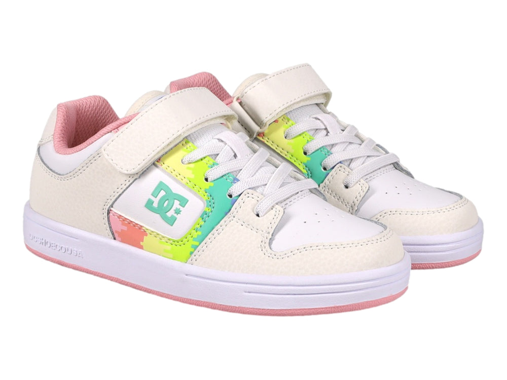 Tenis blancos DC Shoes con suela rosa, panel lateral multicolor y cierre de velcro y agujetas.