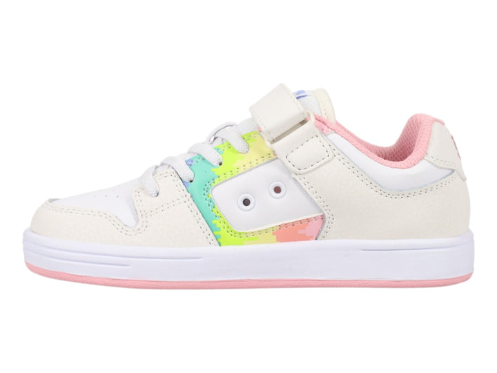Tenis blancos DC Shoes con suela rosa, panel lateral multicolor y cierre de velcro y agujetas.