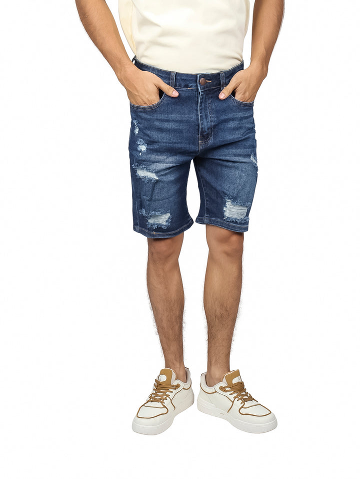 Bermuda de mezclilla azul con efecto de destrucción para hombre.