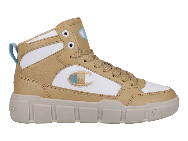 Tenis Champion de bota en color beige y blanco con suela gruesa y detalles en azul claro.