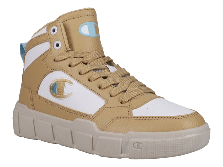 Tenis Champion de bota en color beige y blanco con suela gruesa y detalles en azul claro.