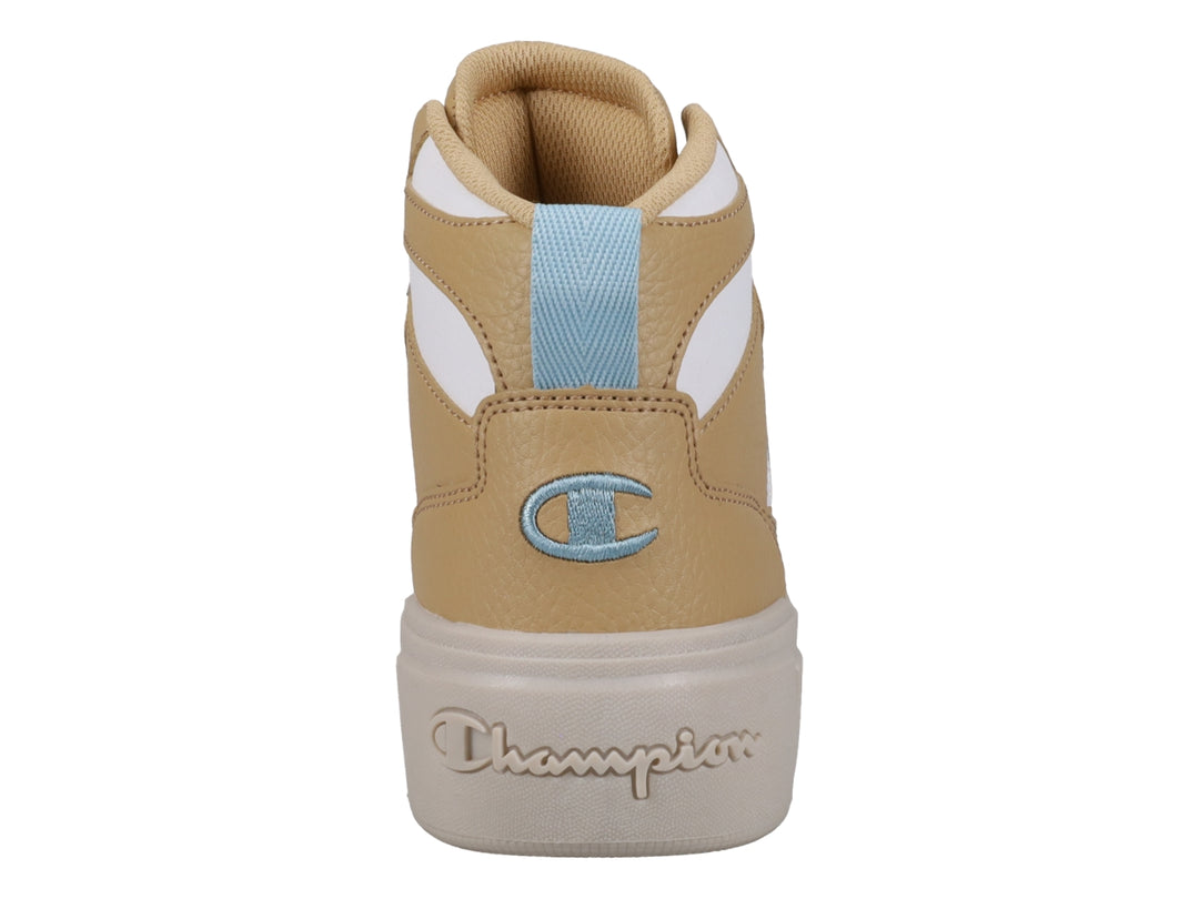 Tenis Champion de bota en color beige y blanco con suela gruesa y detalles en azul claro.