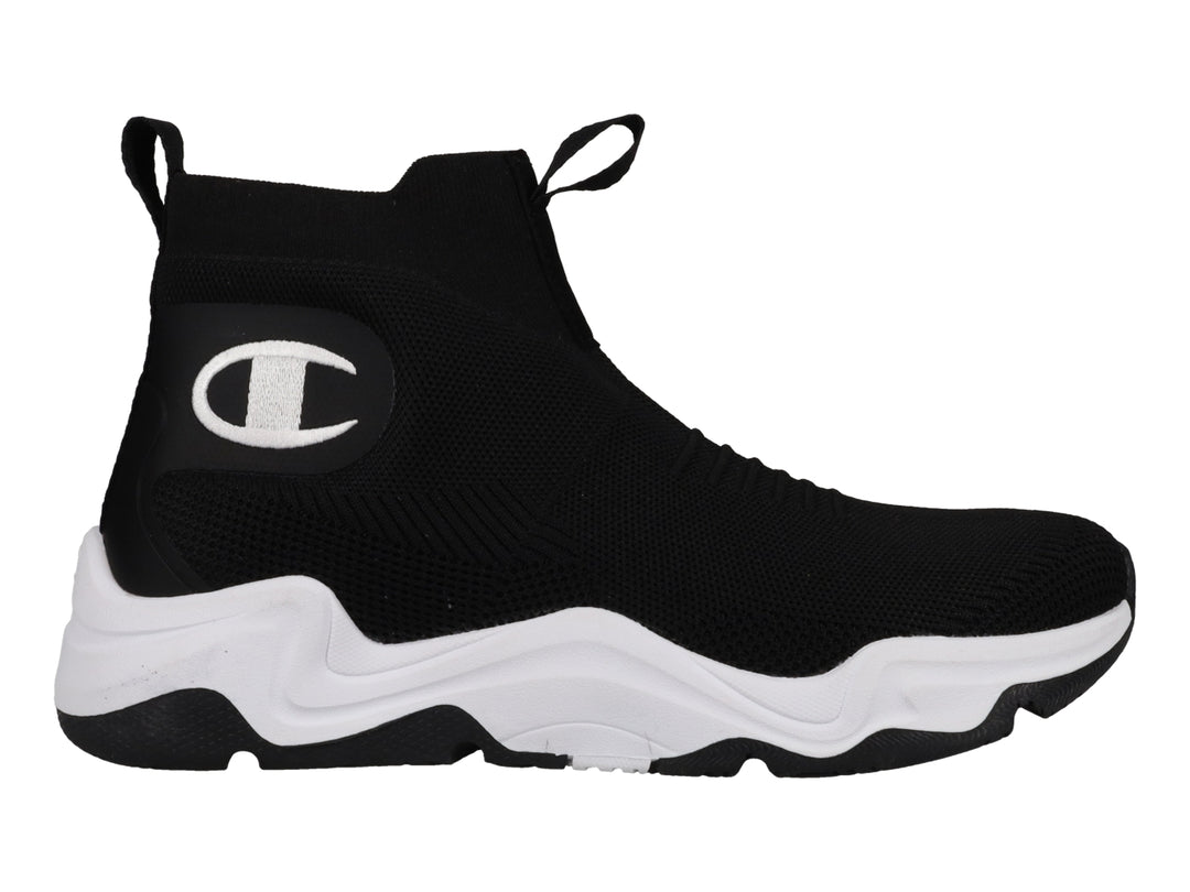 Tenis deportivos Champion color negro con suela blanca ancha y diseño tipo calcetín sin agujetas.