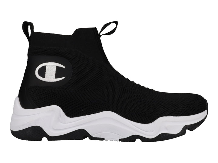 Tenis deportivos Champion color negro con suela blanca ancha y diseño tipo calcetín sin agujetas.