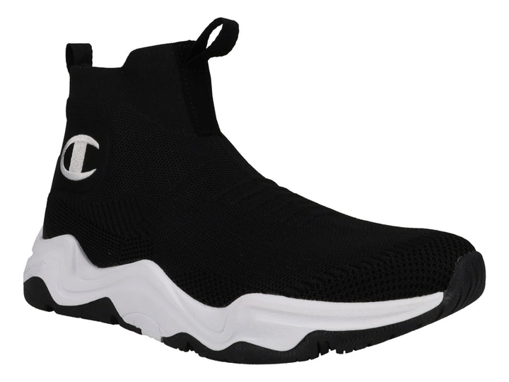 Tenis deportivos Champion color negro con suela blanca ancha y diseño tipo calcetín sin agujetas.
