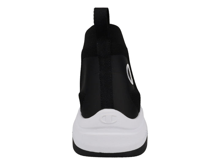 Tenis deportivos Champion color negro con suela blanca ancha y diseño tipo calcetín sin agujetas.