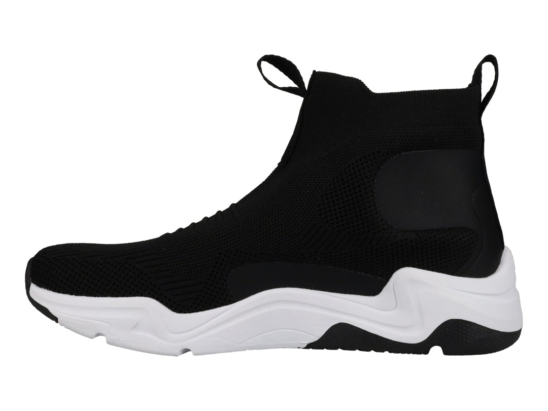 Tenis deportivos Champion color negro con suela blanca ancha y diseño tipo calcetín sin agujetas.