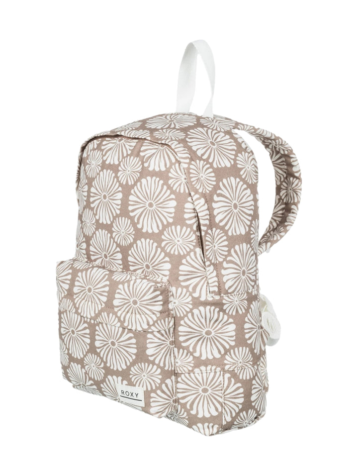 Mochila Roxy Sugar Baby de color beige con estampado floral blanco y asa superior.