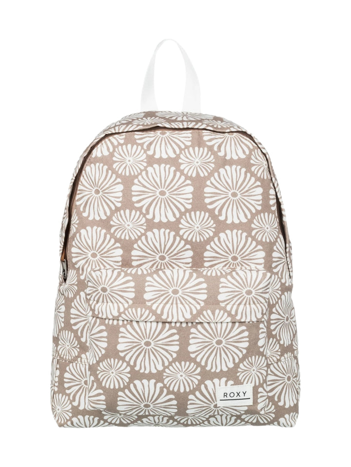 Mochila Roxy Sugar Baby de color beige con estampado floral blanco y asa superior.