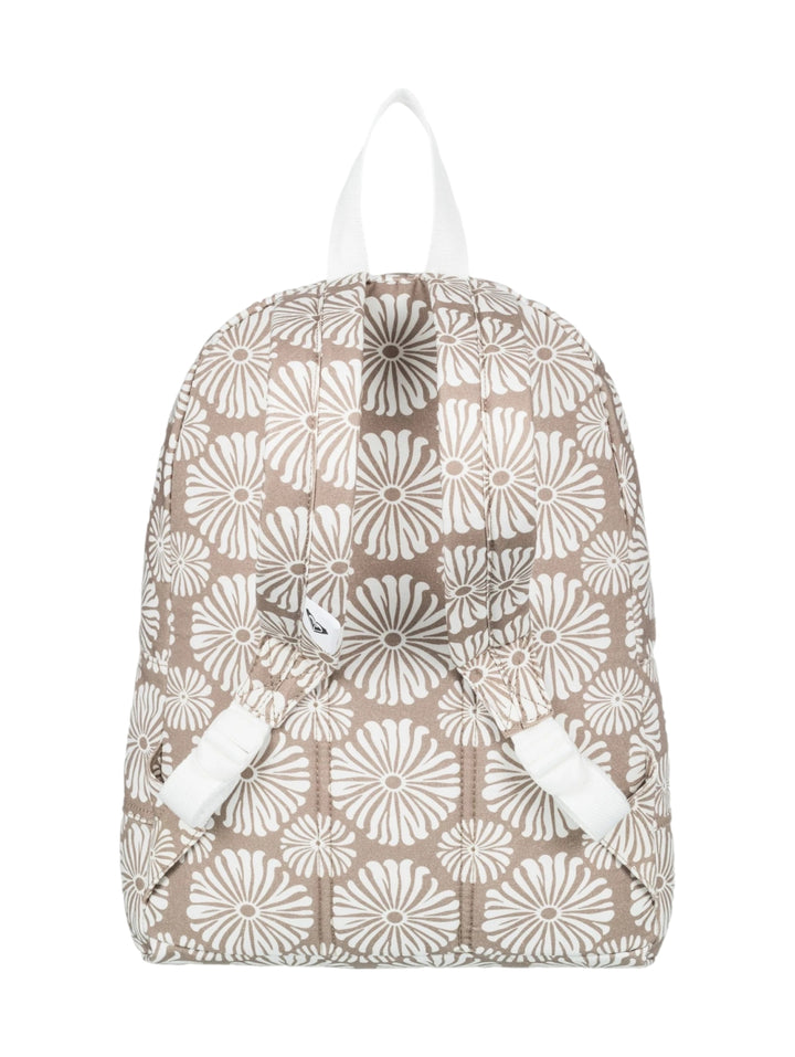 Mochila Roxy Sugar Baby de color beige con estampado floral blanco y asa superior.