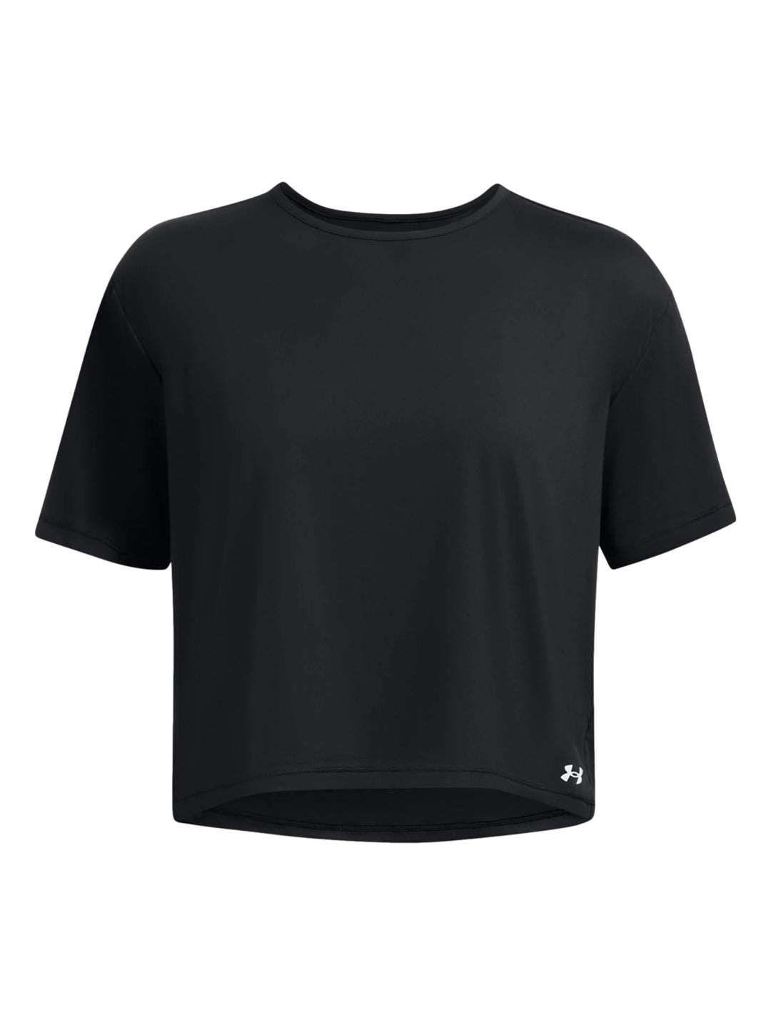 Mujer vistiendo una camiseta deportiva de manga corta color negro de la marca Under Armour.