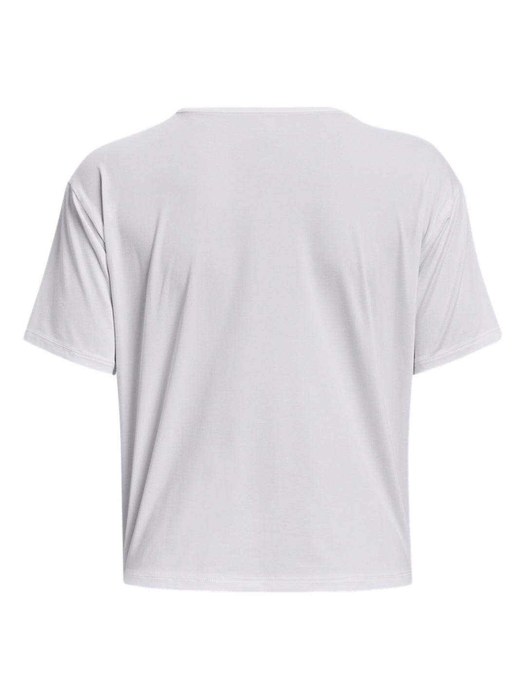 Mujer vistiendo una playera deportiva de manga corta color blanco de la marca Under Armour.