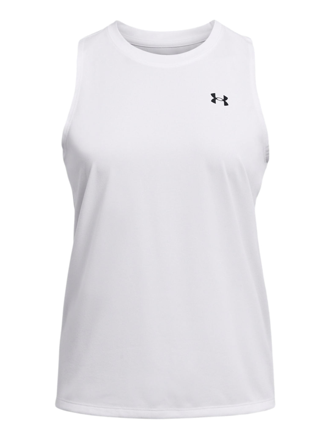 Camiseta deportiva blanca sin mangas de Under Armour para mujer.