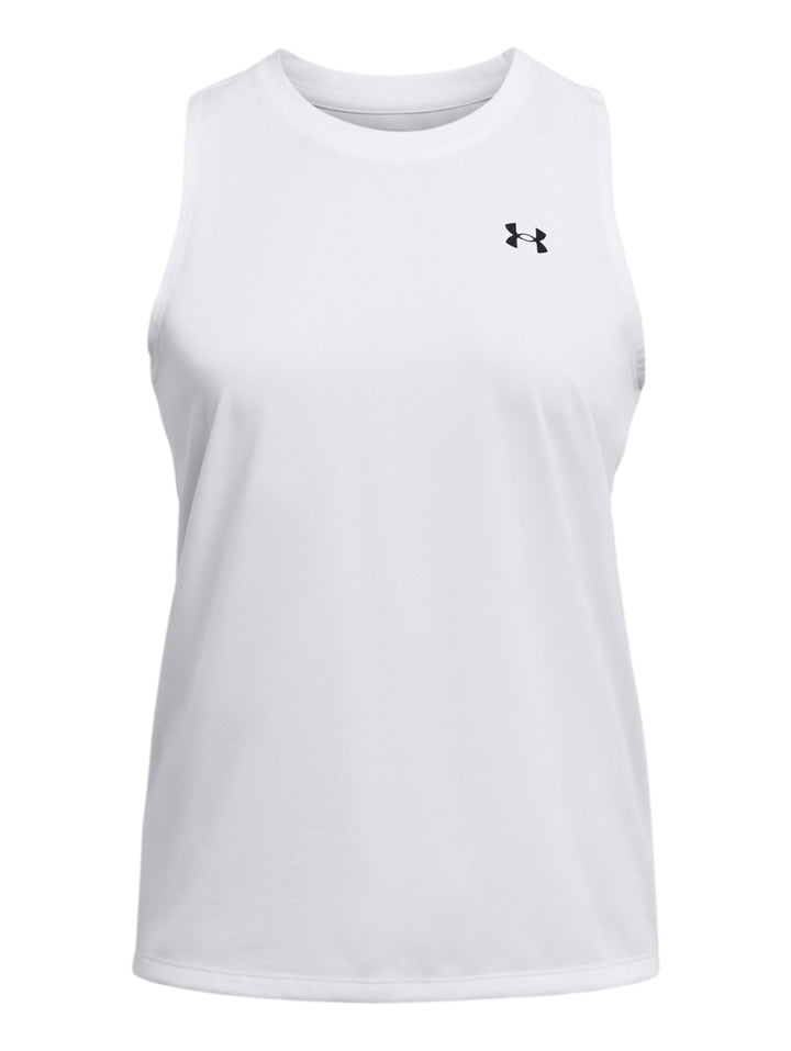 Camiseta deportiva blanca sin mangas de Under Armour para mujer.