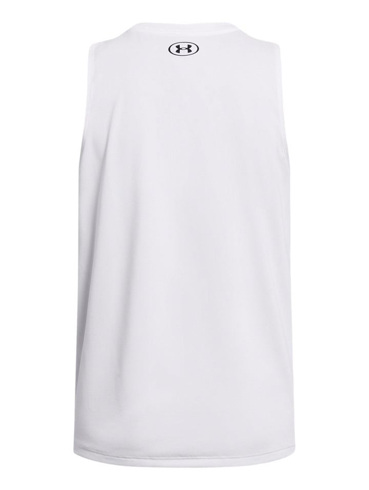 Camiseta deportiva blanca sin mangas de Under Armour para mujer.