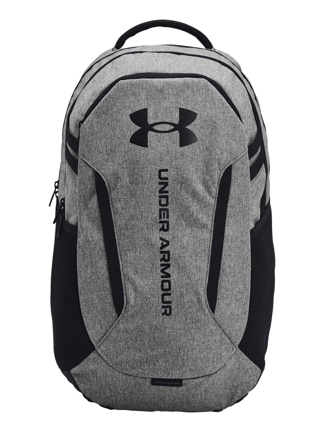Mochila Under Armour Hustle 6.0 en color gris con detalles y logotipo en negro.