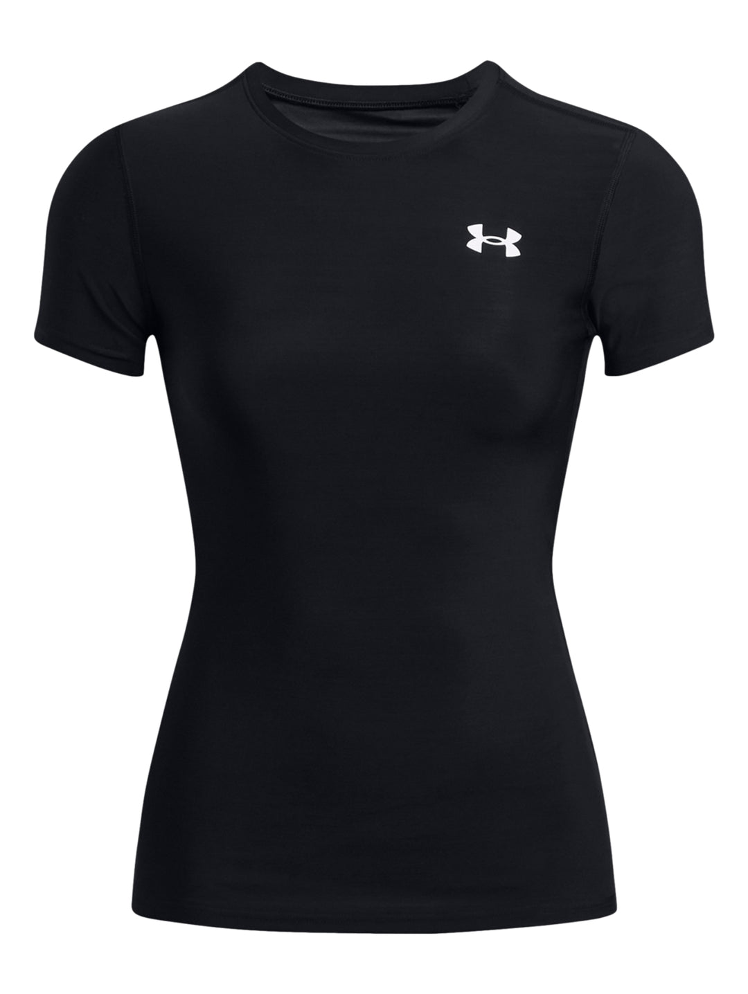 Mujer vistiendo camiseta de compresión negra de manga corta Under Armour.