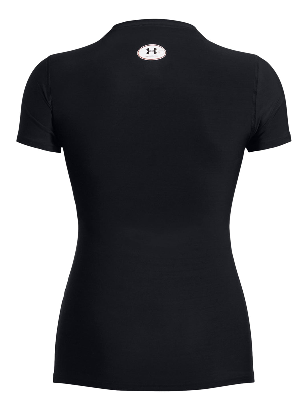 Mujer vistiendo camiseta de compresión negra de manga corta Under Armour.
