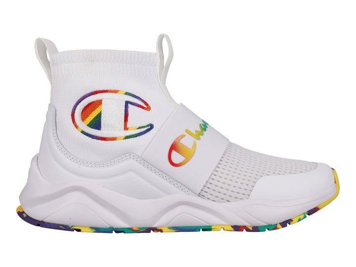 Tenis deportivos Champion blancos con detalles en colores del arcoíris y suela multicolor.