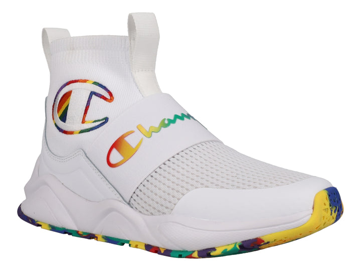 Tenis deportivos Champion blancos con detalles en colores del arcoíris y suela multicolor.
