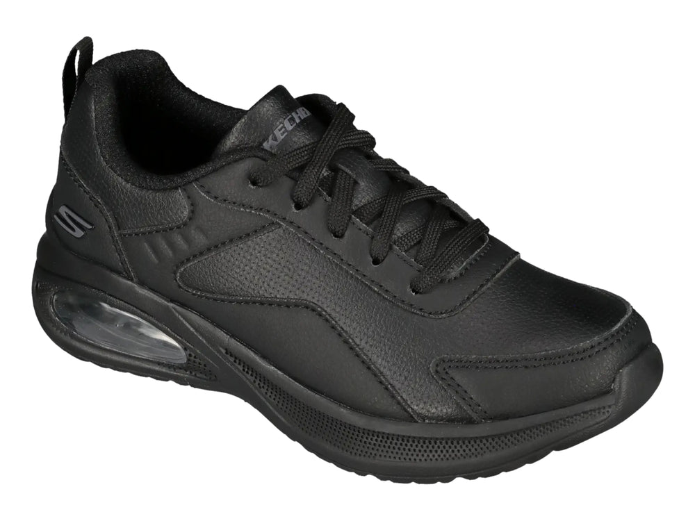 Tenis deportivos Skechers color negro con cámara de aire visible en el talón.