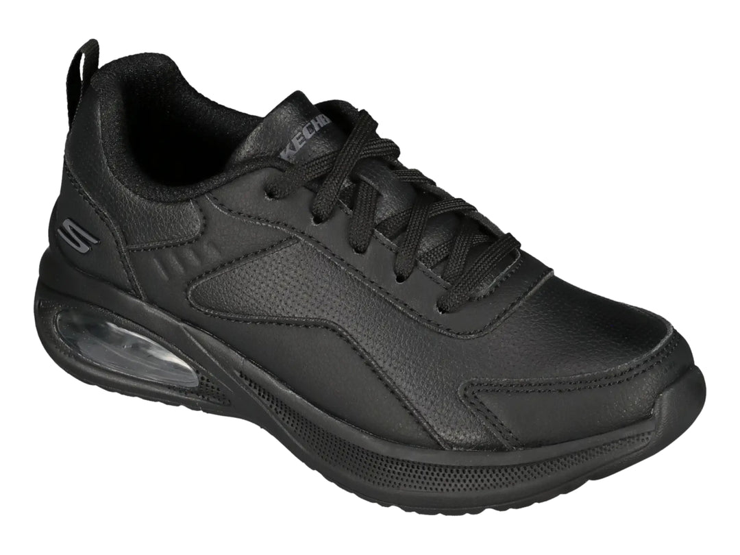Tenis deportivos Skechers color negro con cámara de aire visible en el talón.