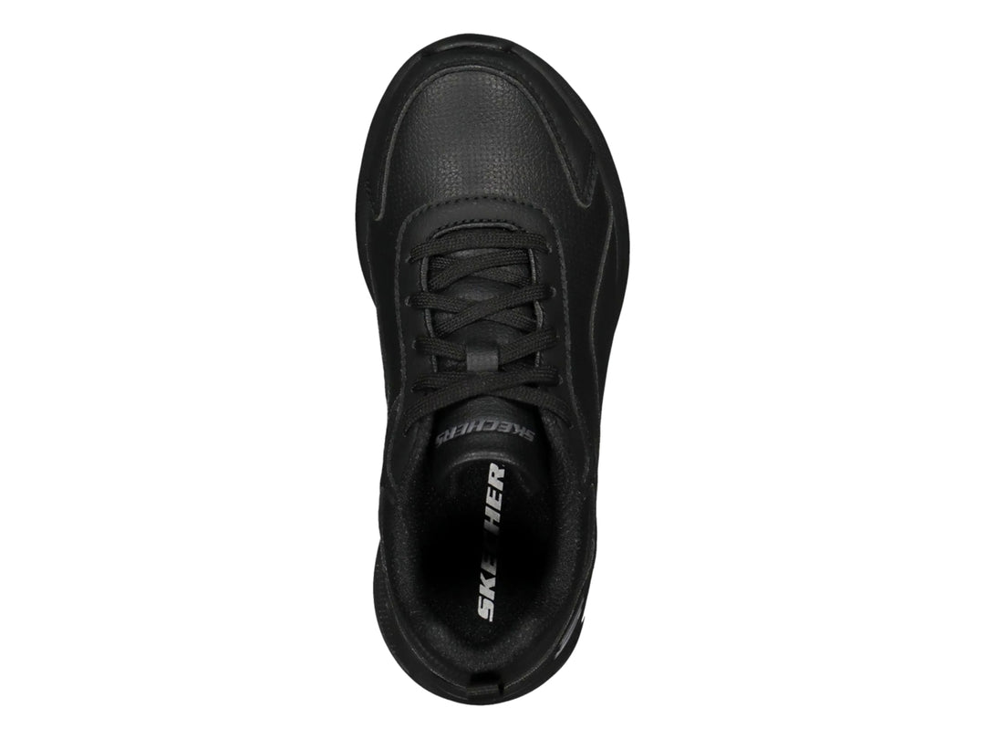 Tenis deportivos Skechers color negro con cámara de aire visible en el talón.