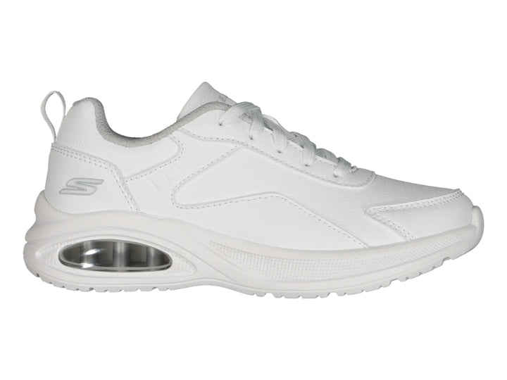Tenis deportivos Skechers color blanco con cámara de aire visible en el talón.