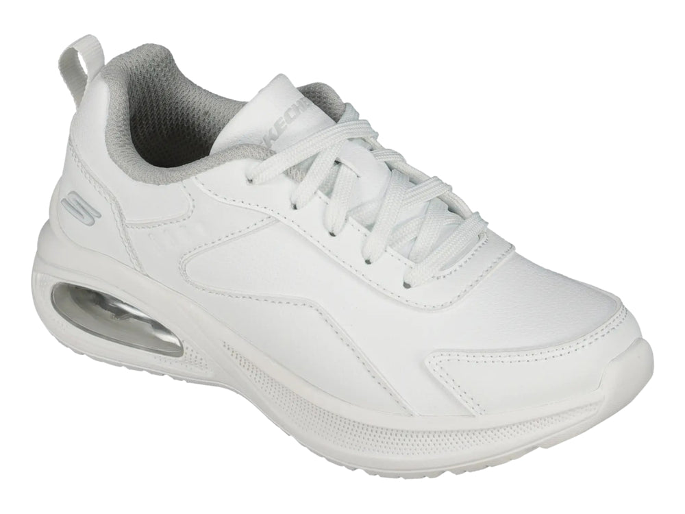 Tenis deportivos Skechers color blanco con cámara de aire visible en el talón.