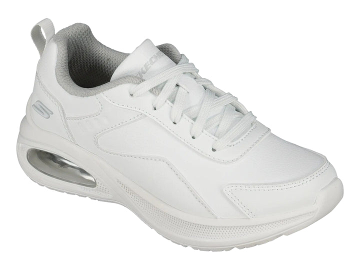 Tenis deportivos Skechers color blanco con cámara de aire visible en el talón.