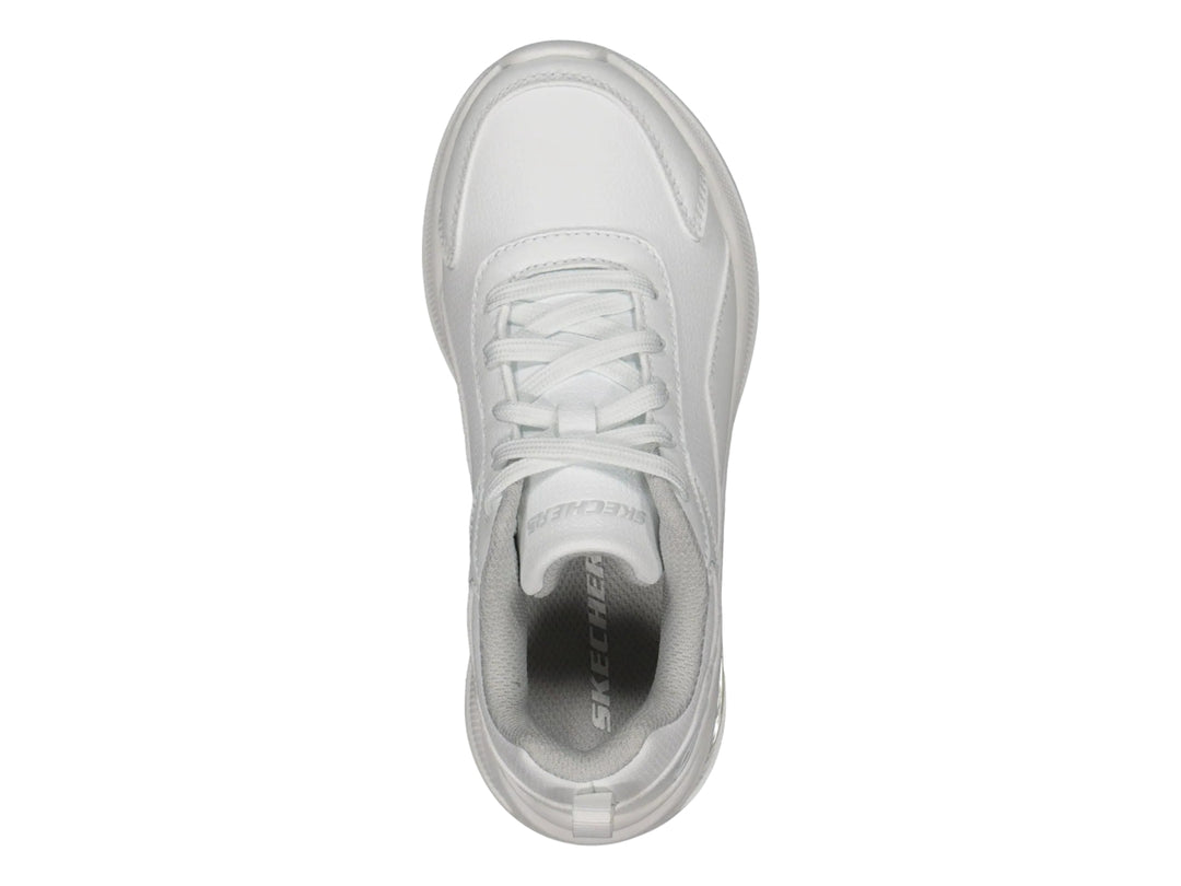Tenis deportivos Skechers color blanco con cámara de aire visible en el talón.